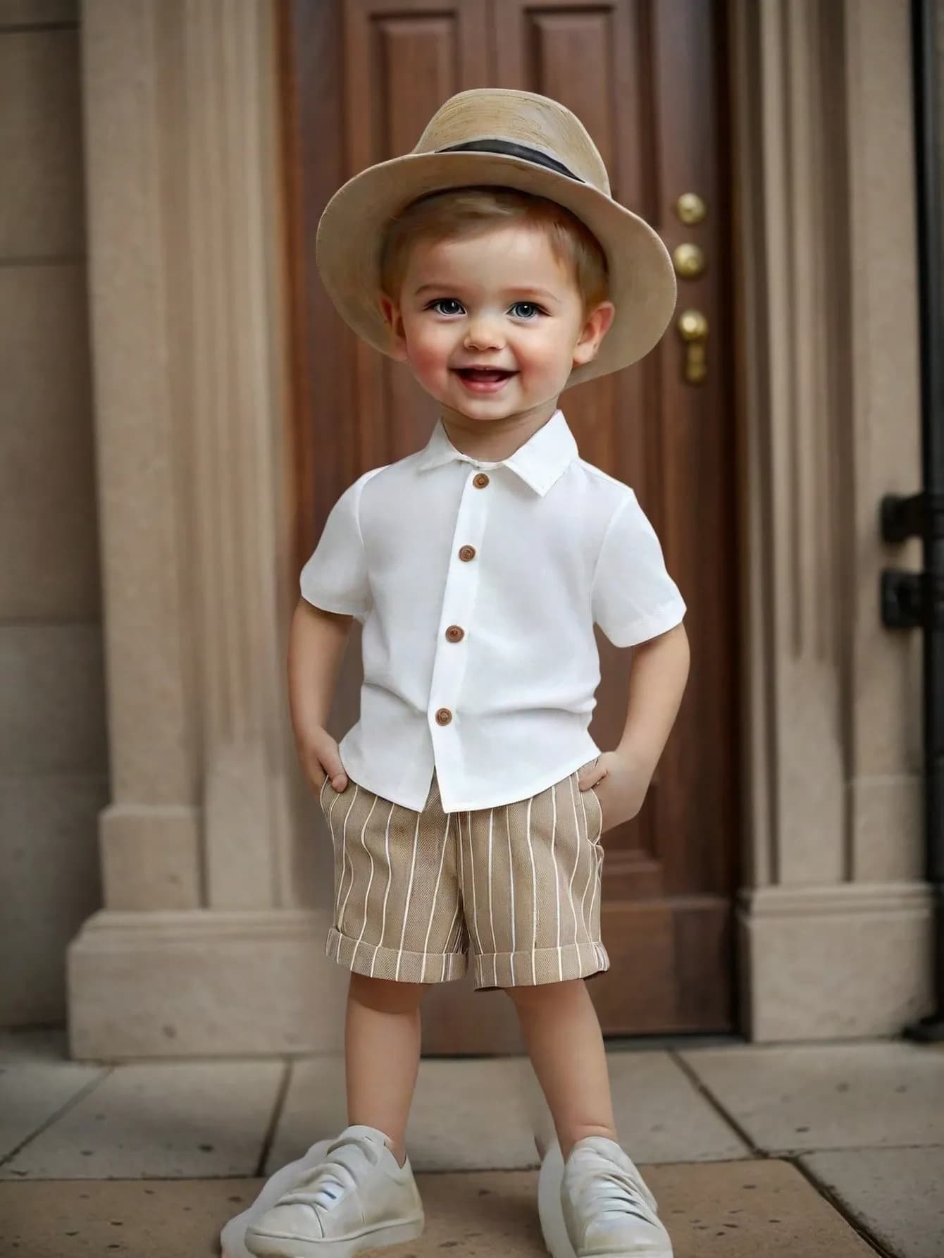 طقم ولادي ذو قميص ابيض وشورت بيج