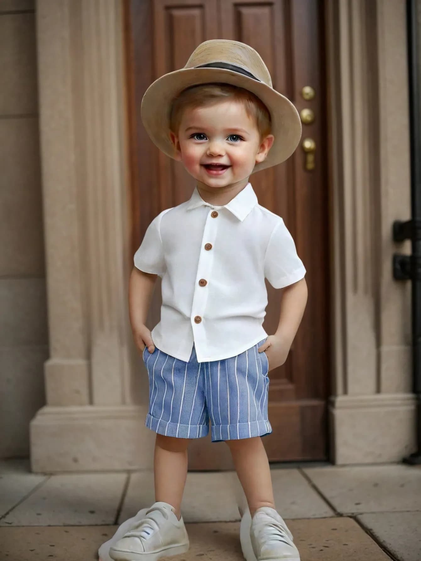 طقم ولادي ذو قميص ابيض وشورت أزرق