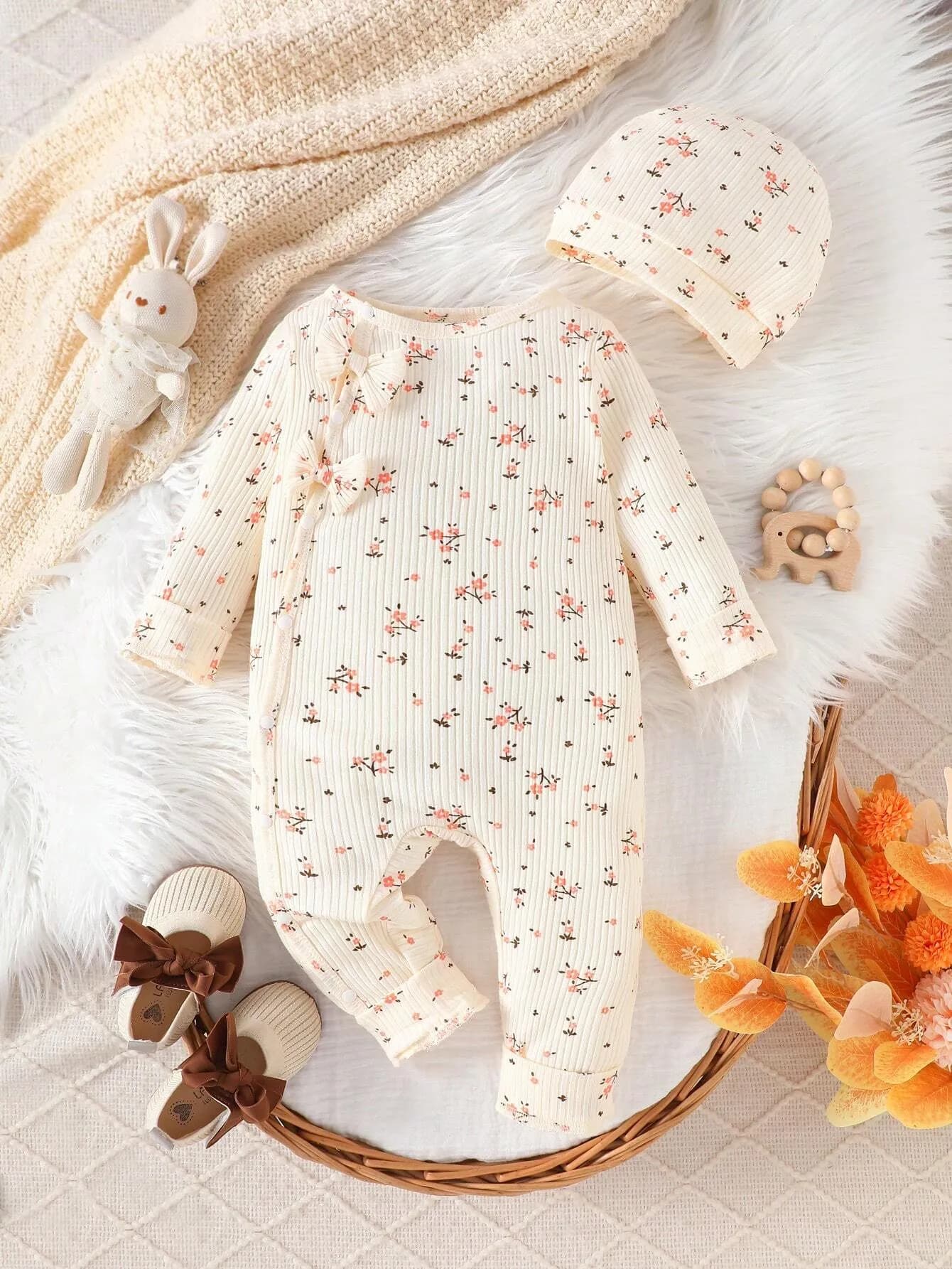 رومبير بناتي بتصميم الورود مع قبعة